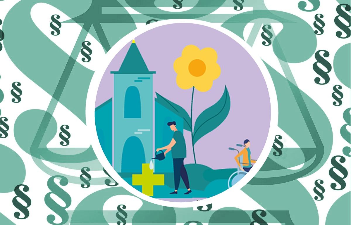 Illustration mit Kirche, jemand gießt ein Wahlkreuz