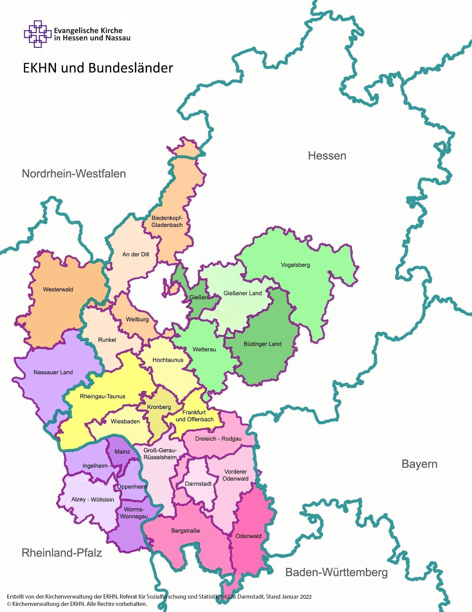 Das Kirchengebiet der Evangelischen Kirche in Hessen und Nassau Bundesländer Hessen und Rheinland-Pfalz mit den Dekanaten in Hessen-Nassau
