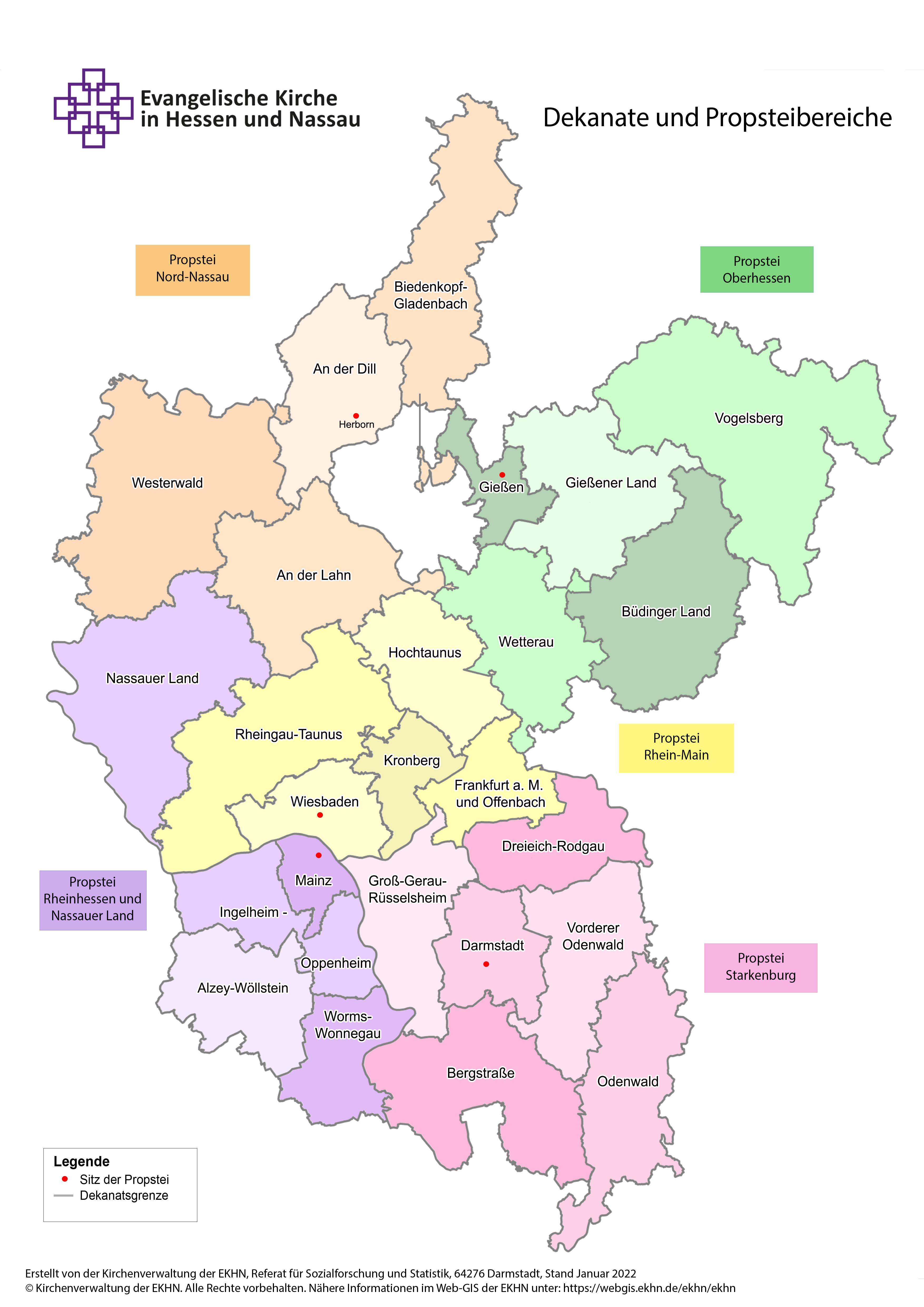 Karte EKHN mit Dekanaten und Propsteien Landkarte mit eingezeichneten Dekanaten und Propsteien der EKHN