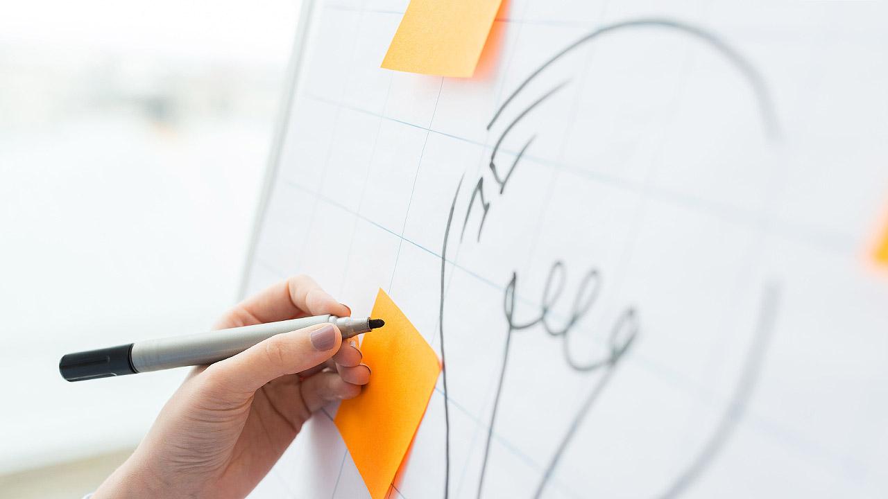 Ideen gemalte Glühbirne auf Flipchart