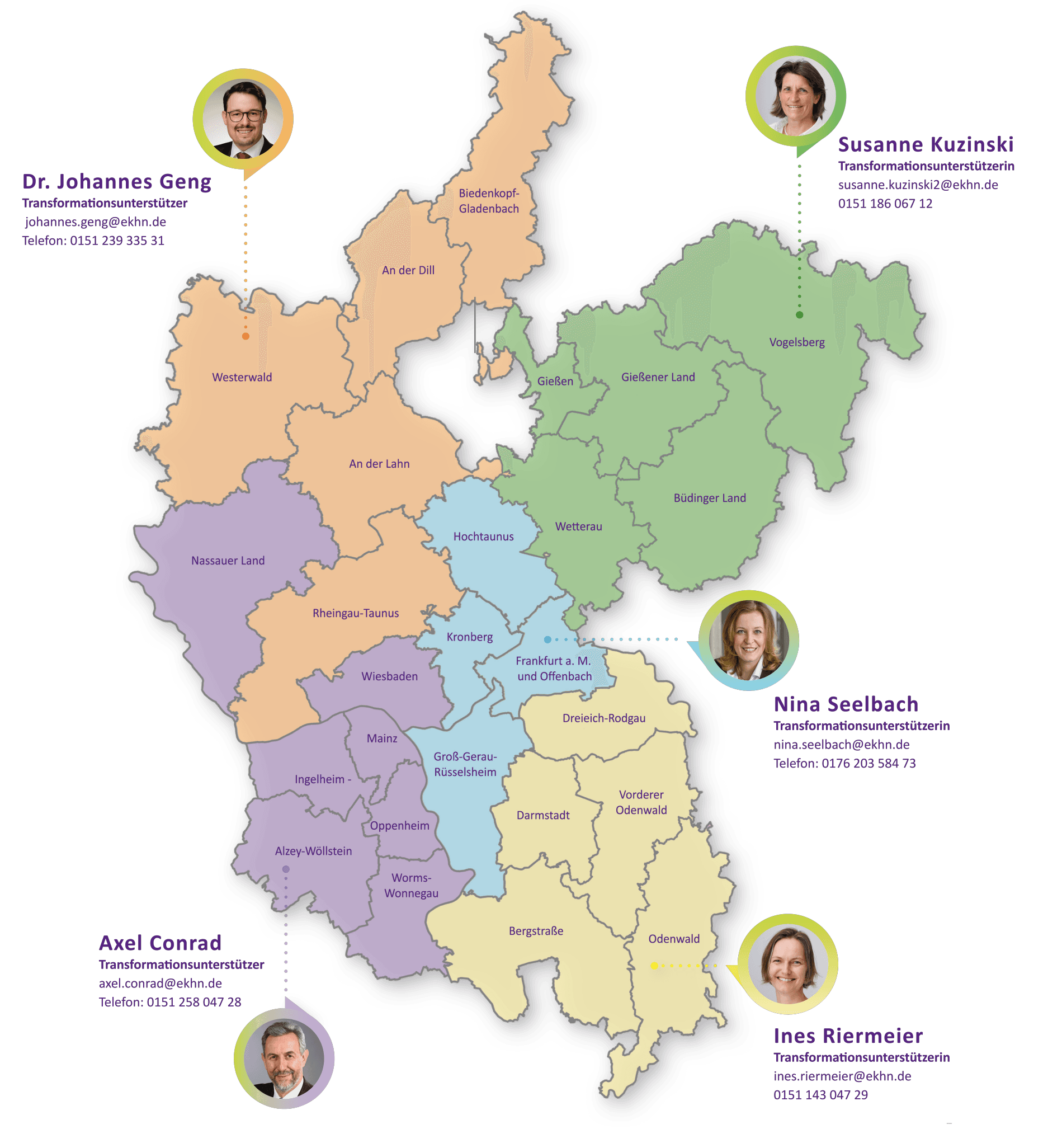 EKHN Karte Tranformationsberater:innen EKHN-Landkarte mit Bild und Kontaktdaten der Transformationsberater und -beraterinnen