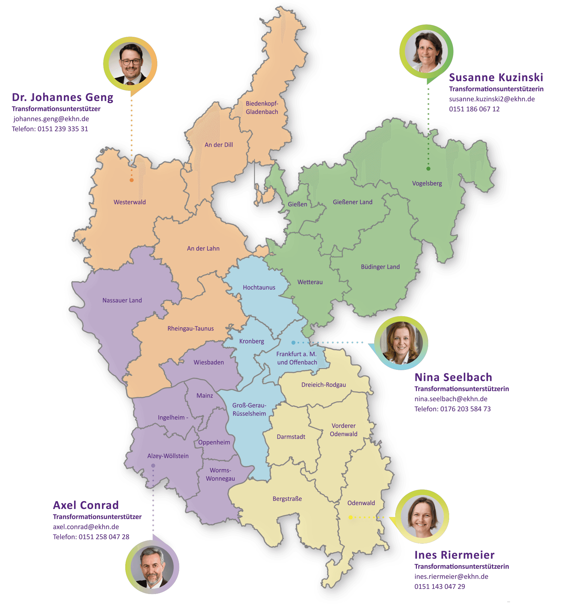 EKHN-Landkarte mit Bild und Kontaktdaten der Transformationsberater und -beraterinnen