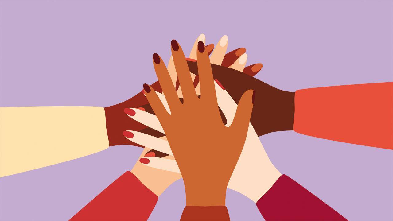 Grafik mit weiblichen Händen, die übereinander liegen