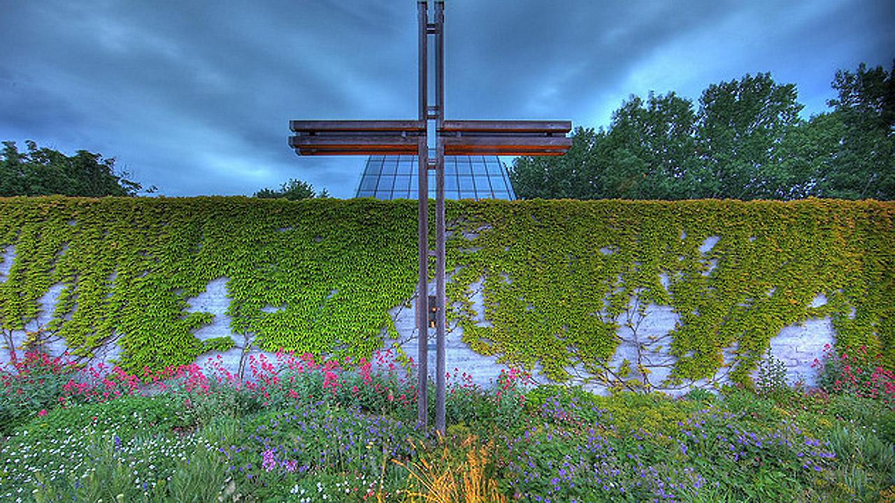 Ein Kreuz hinter einer mit Efeu bewachsenen Mauer