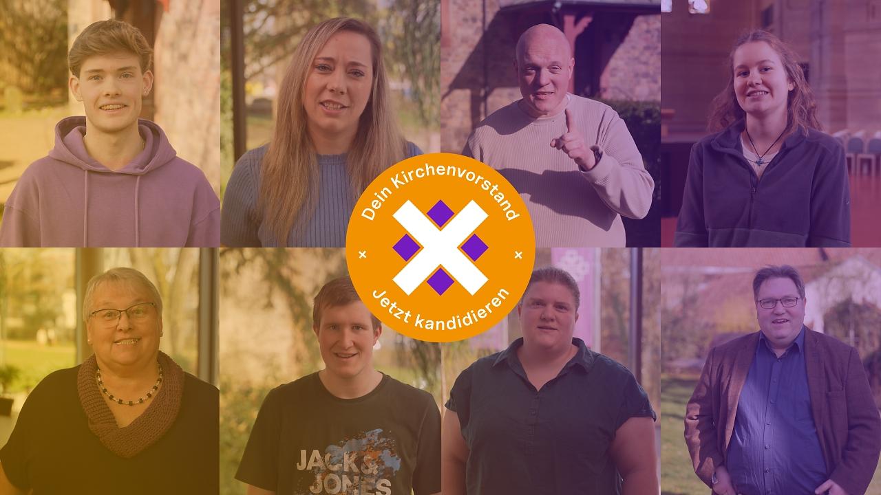Collage aus acht Porträts unterschiedlicher Menschen; in der Mitte ein rundes Symbol mit dem Text „Dein Kirchenvorstand – Jetzt kandidieren“.