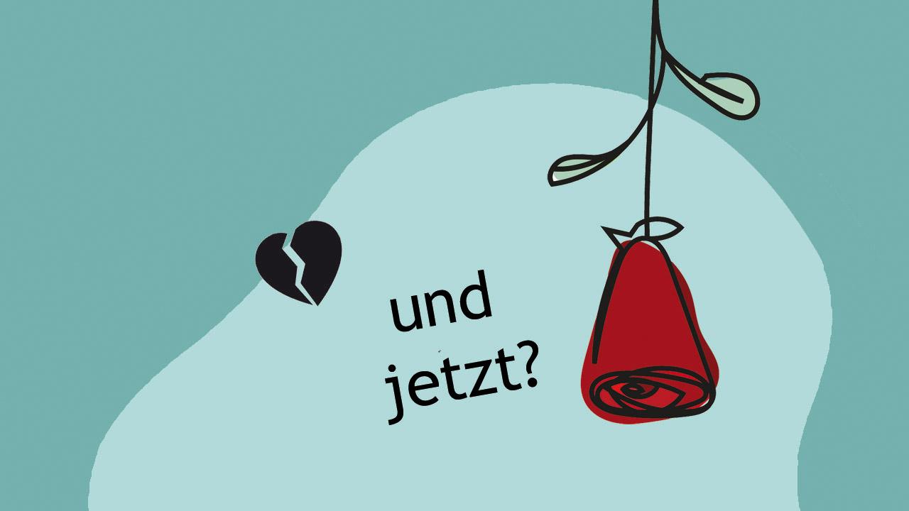 Grafik: Rote Rose mit Kopf nach unten auf türkisenem Grund