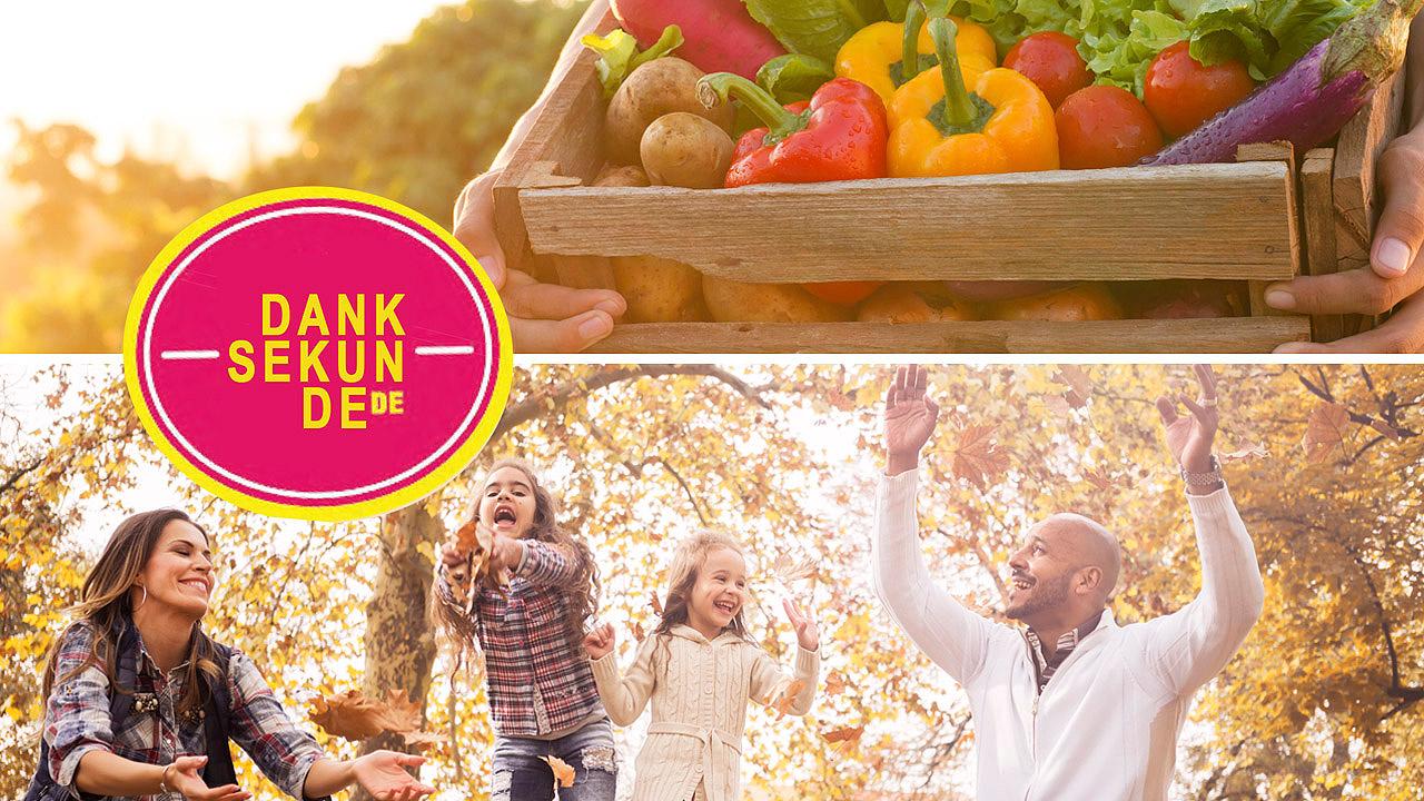 Danksekunde Familie im Herbst sowie Gemüsekiste und Danksekunde-Logo