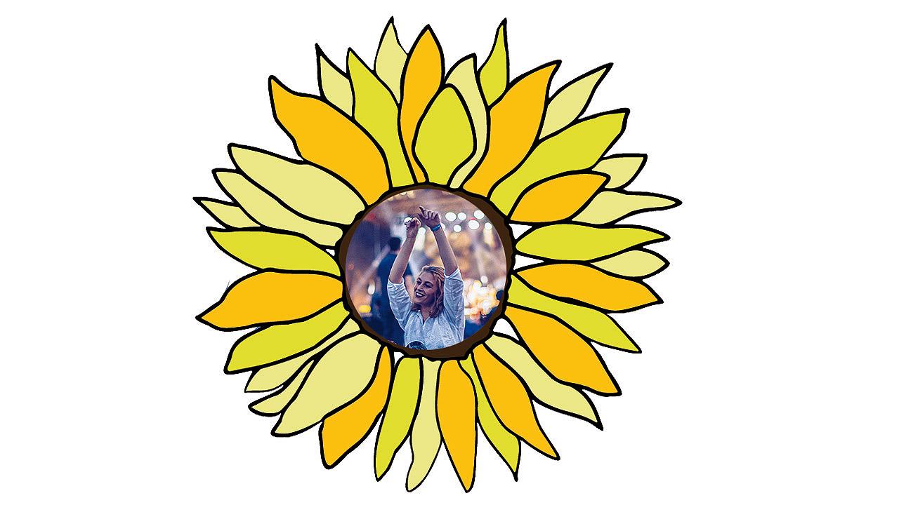 Ausmalbild Ausgemalte Sonnenblumen, in der Mitte ist das Foto einer Frau auf einem Konzert - als Symbol für eine schöne Erinnerung