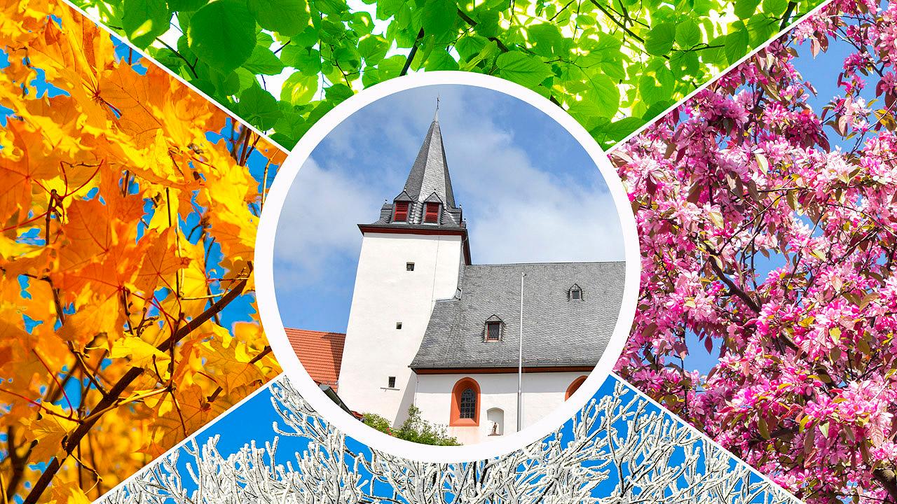 Kirchturm inmitten der 4 Jahreszeiten (rosa Blüten, grüne Blätter, Herbstlaub, verschneite Äste)