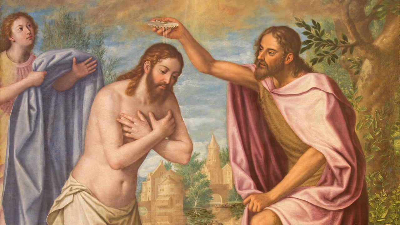 Johannes der Täufer Johannes der Täufer tauft Jesus. Dahinter steht ein Mann mit einem Handtuch.