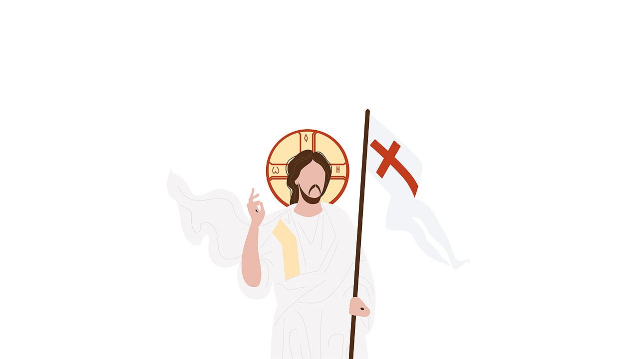 Auferstehung Der auferstandene Jesus mit einer Kreuz-Fahne