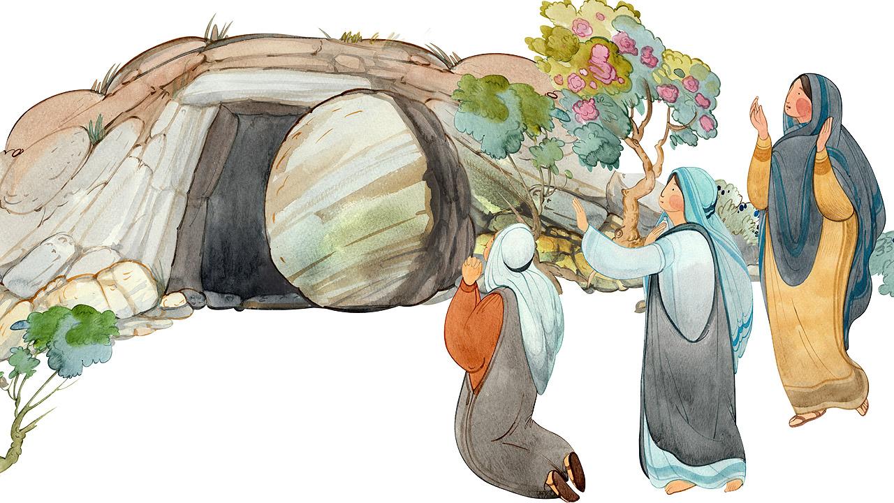 Auferstehung Gezeichnete Frauen vor einem leeren Grab