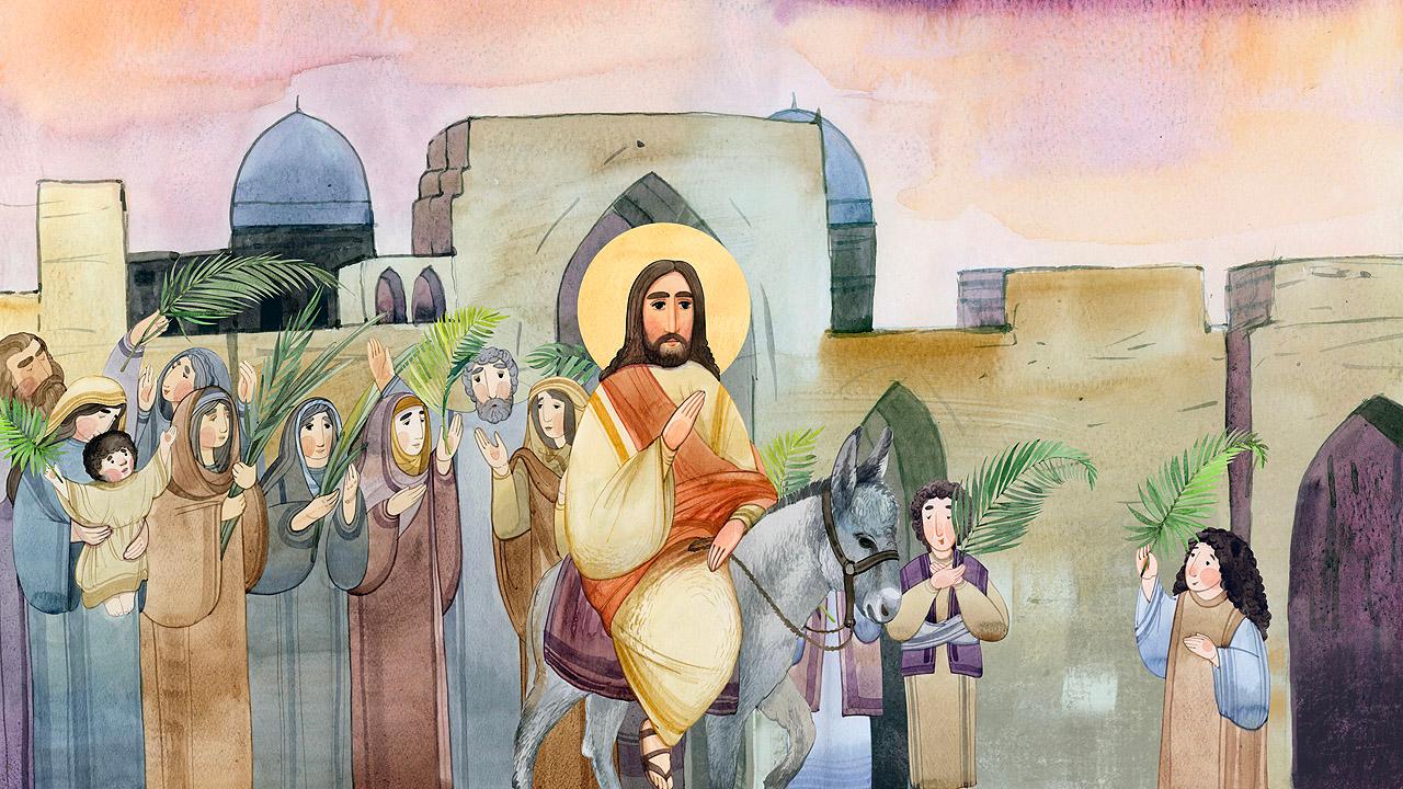 Jesus reitet auf einem Esel nach Jerusalem ein, Menschen halten Palmwedel in der Hand