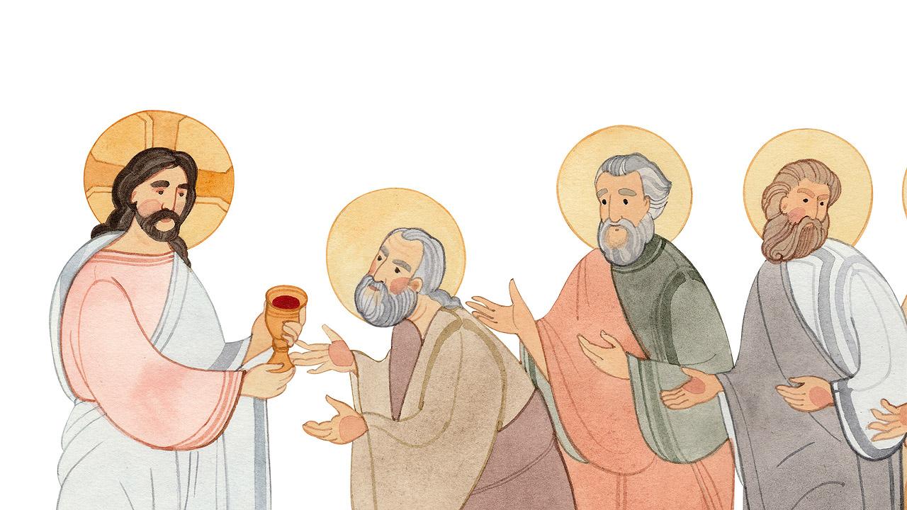 Jesus hebt den Weinkelch, vor ihm sind drei seiner Jünger