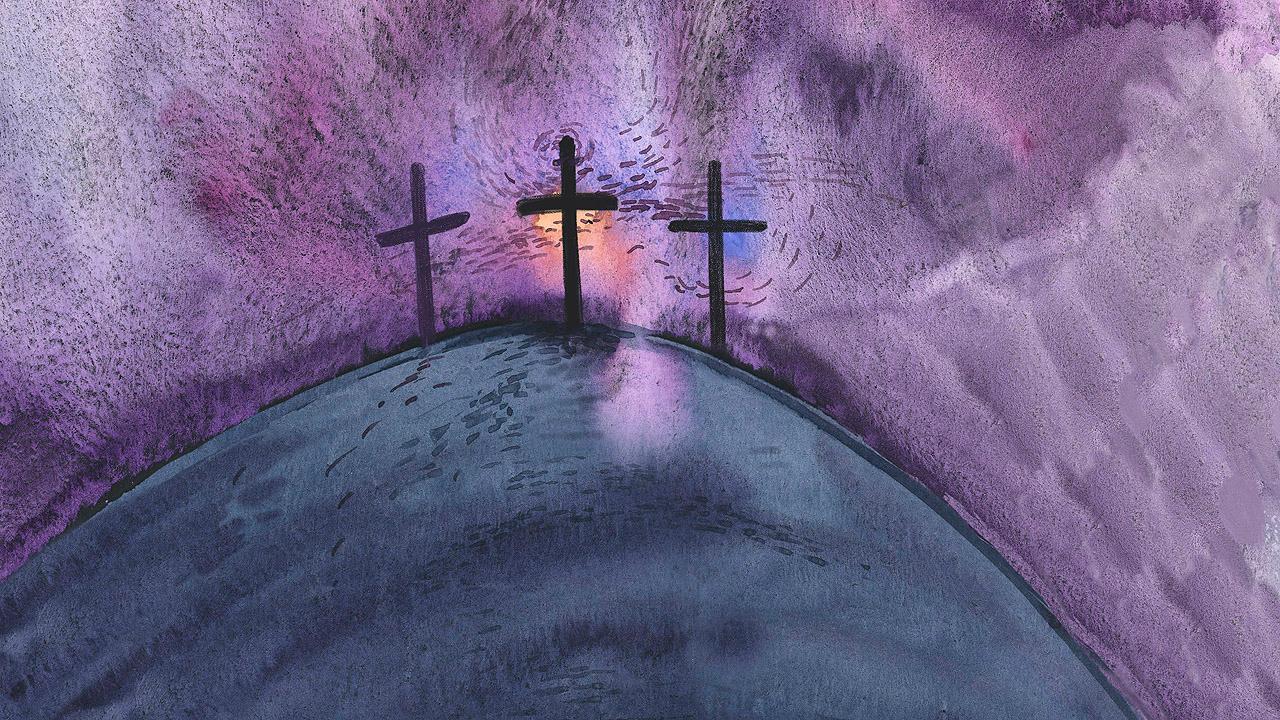 Kreuzigung Drei Kreuze auf einem grauen Hügel