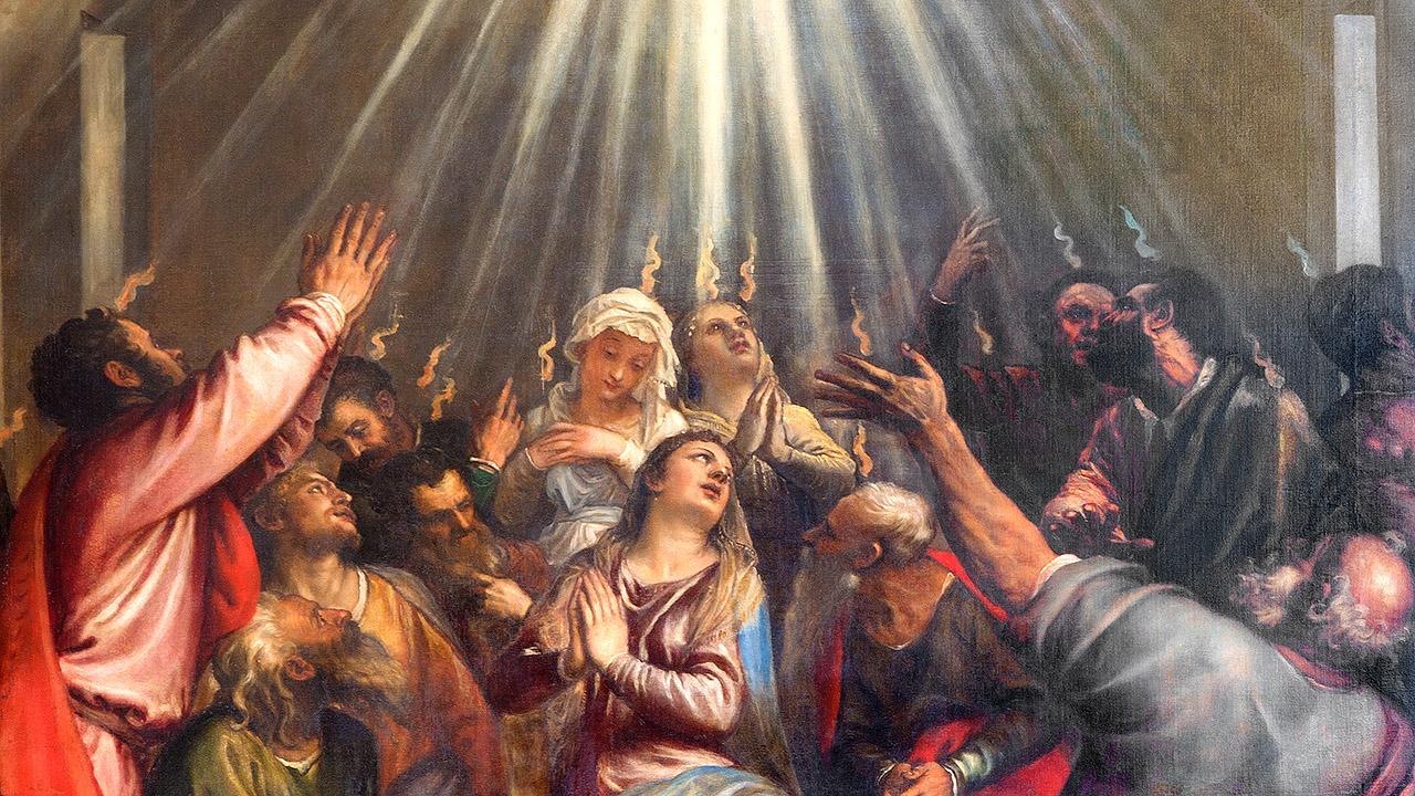 Heiliger Geist und Apostel Strahlen zu den Köpfen der Aposten, über denen ein Flämmchen brennt, das Bild ist üppig im Rennaissance-Stil gemalt