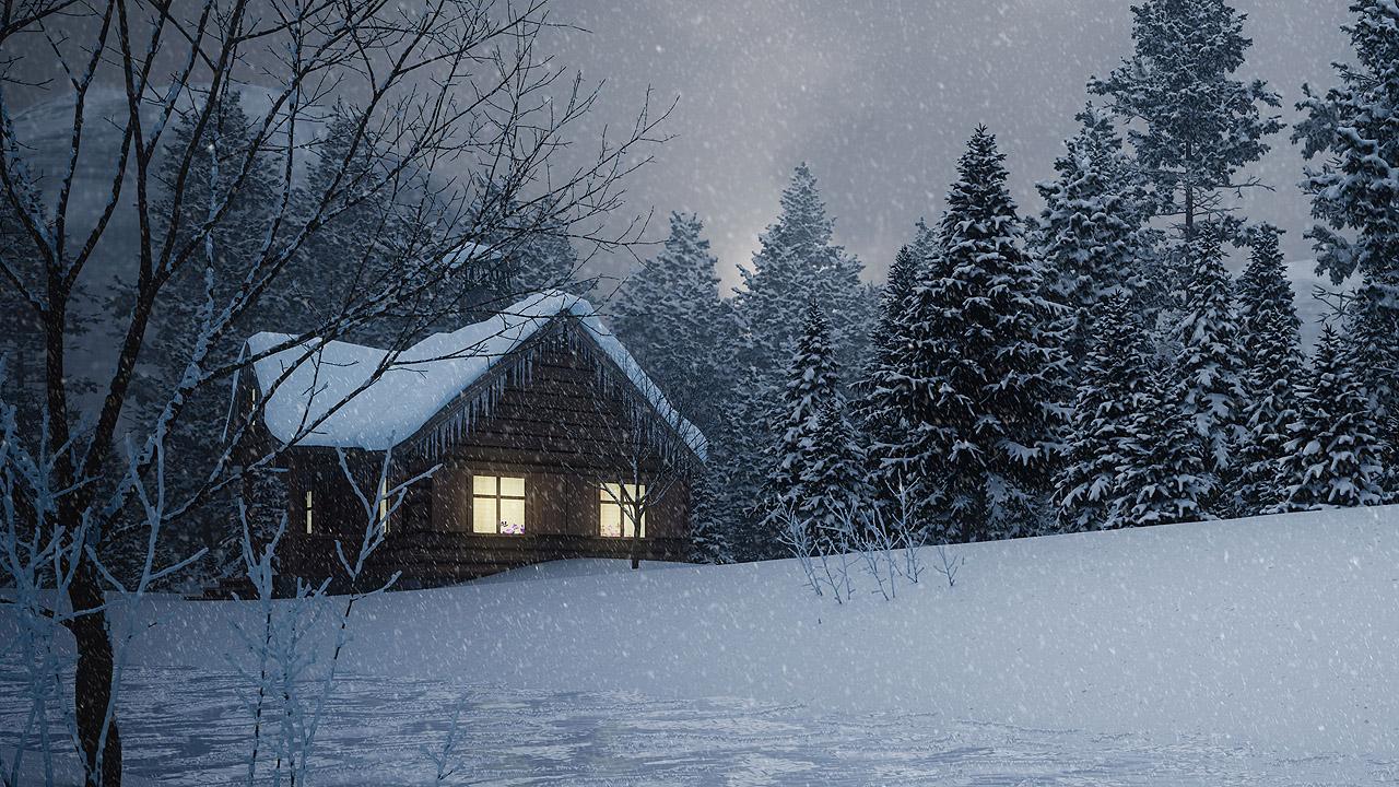 Raunächte Hütte in verschneiter Landschaft