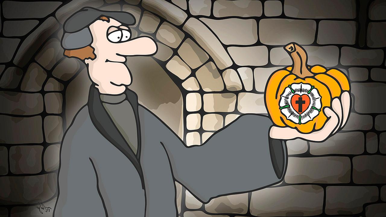 Gezeichneter Martin Luther mit Kürbis