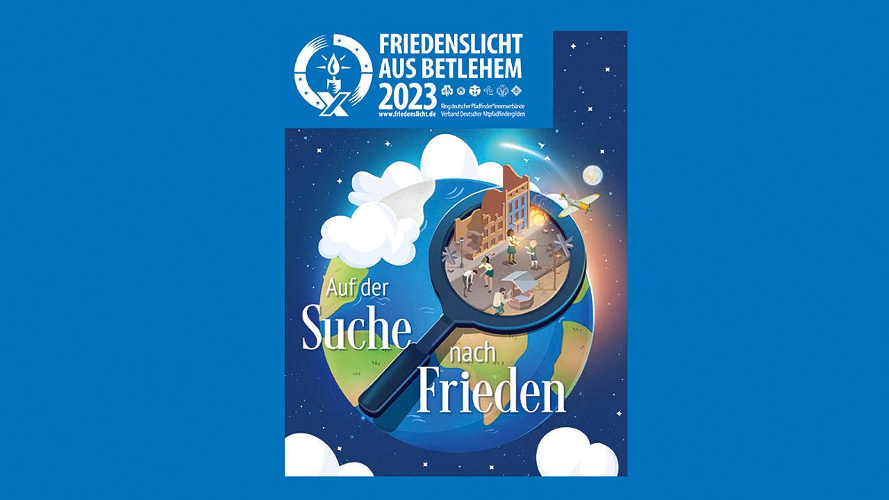 Friedenslicht Plakat mit Lupe, unter der eine Frau einem Kind eine Kerze übergibt - drum herum Explosionen und zerstörte Häuser