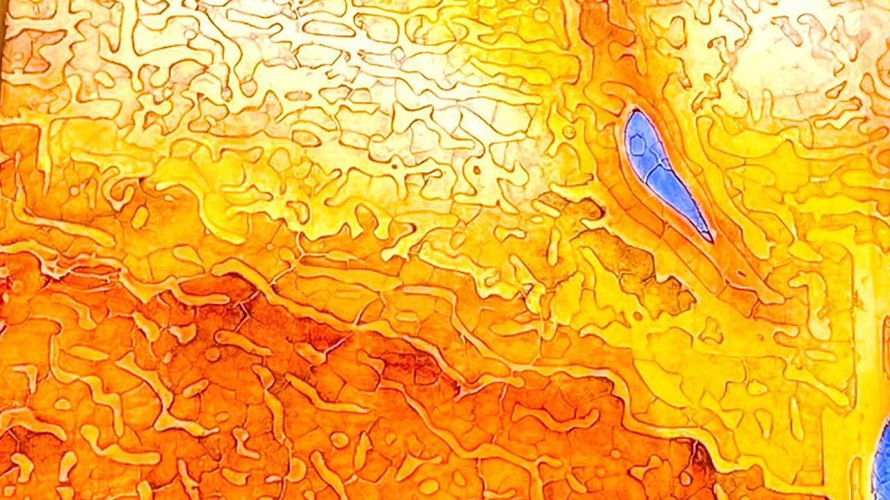 Modernes Kirchenfenster, gelb Gelber Farbverlauf mit blauem Sprenkel