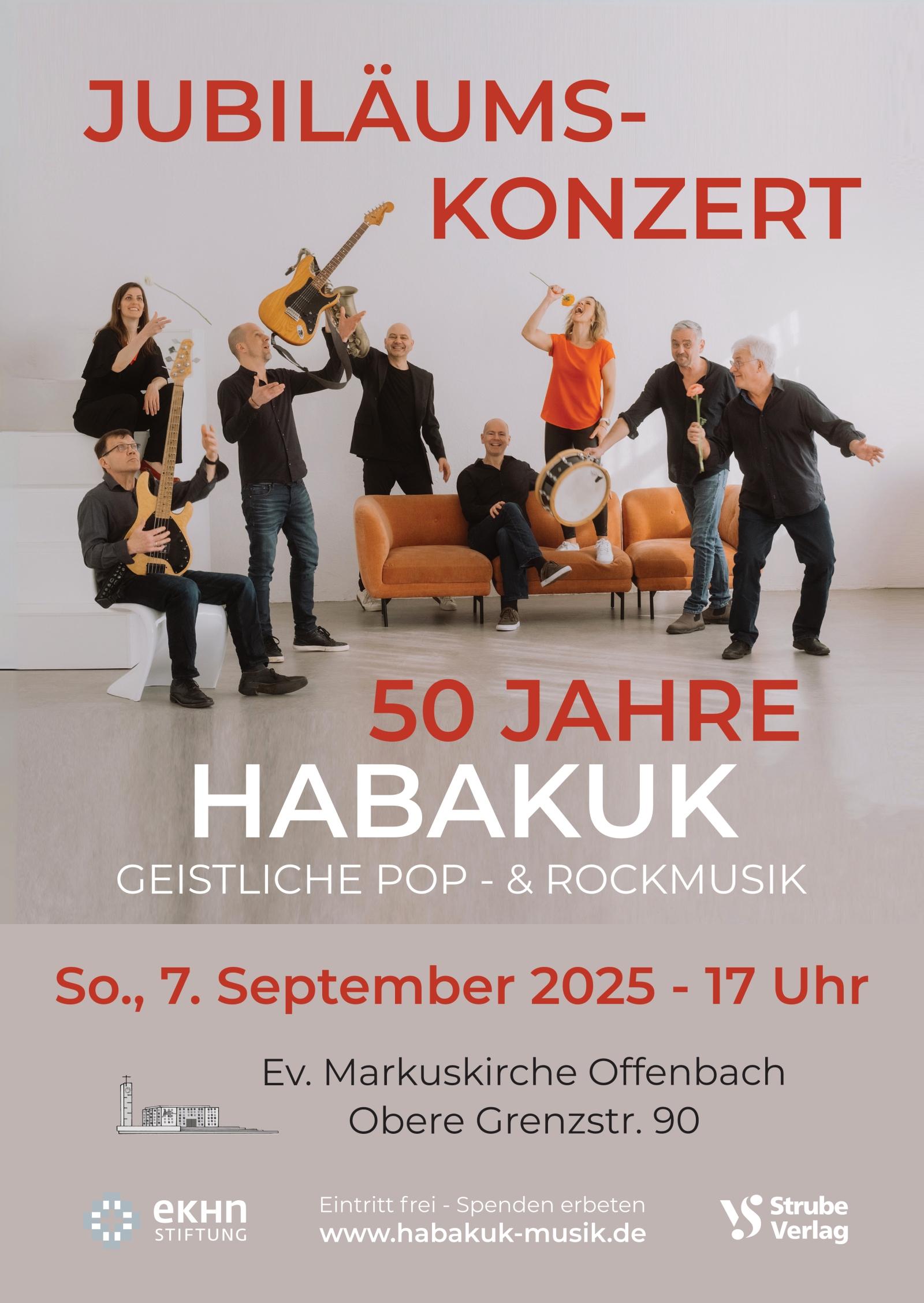 Plakat Jubiläumskonzert Habakuk Bandmitglieder mit ihren Instrumenten