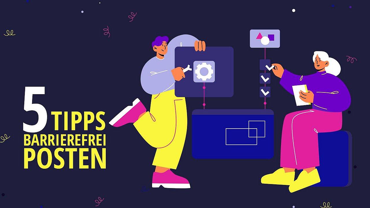 Grafik: 2 Personen arbeiten an digitalen Inhalten