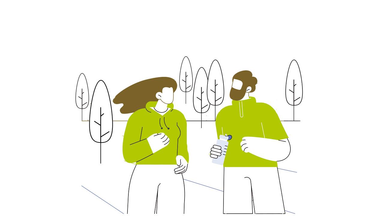 Grafik: Eine Joggerin und ein Jogger laufen durch eine Parklandschaft