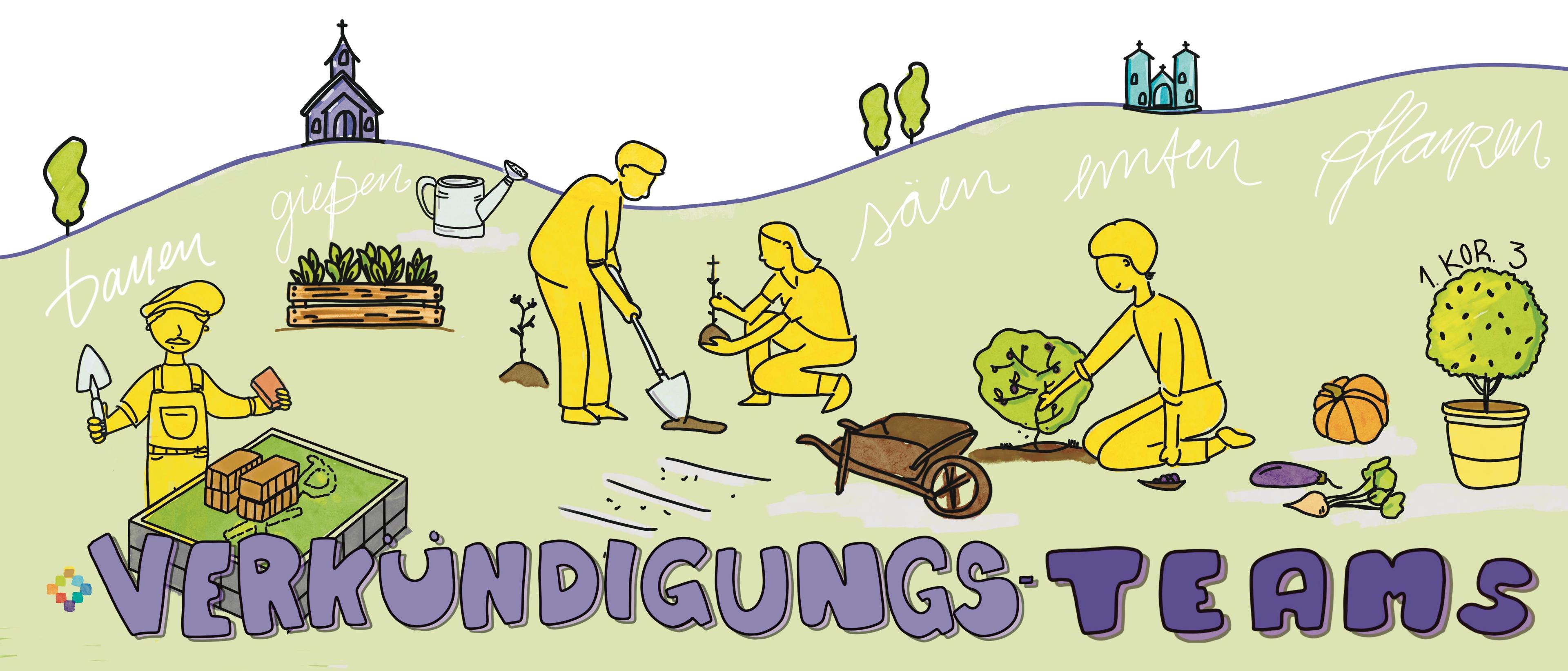 Grafik: Wiese, auf der Menschen gärtnern