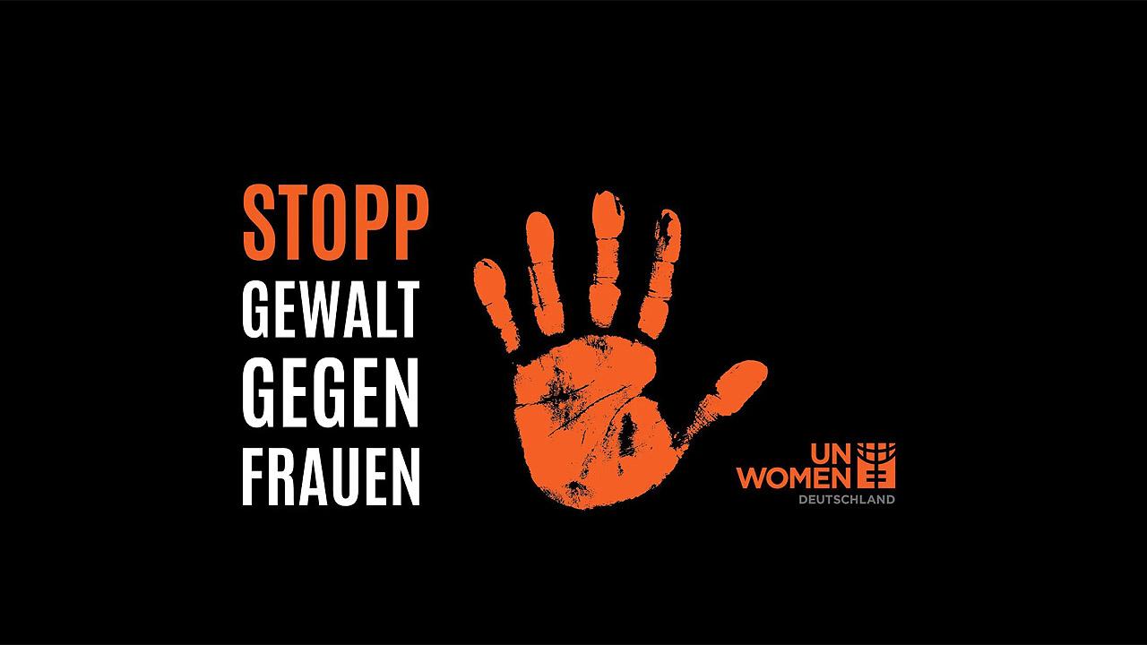 Orangene Hand auf schwarzem Grund: Stopp Gewalt gegen Frauen