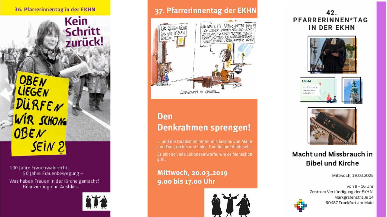 Flyer Pfarrerinnentag Drei farbige Flyer von verschiedenen Pfarrerinnentagen mit unterschiedlichen Themen