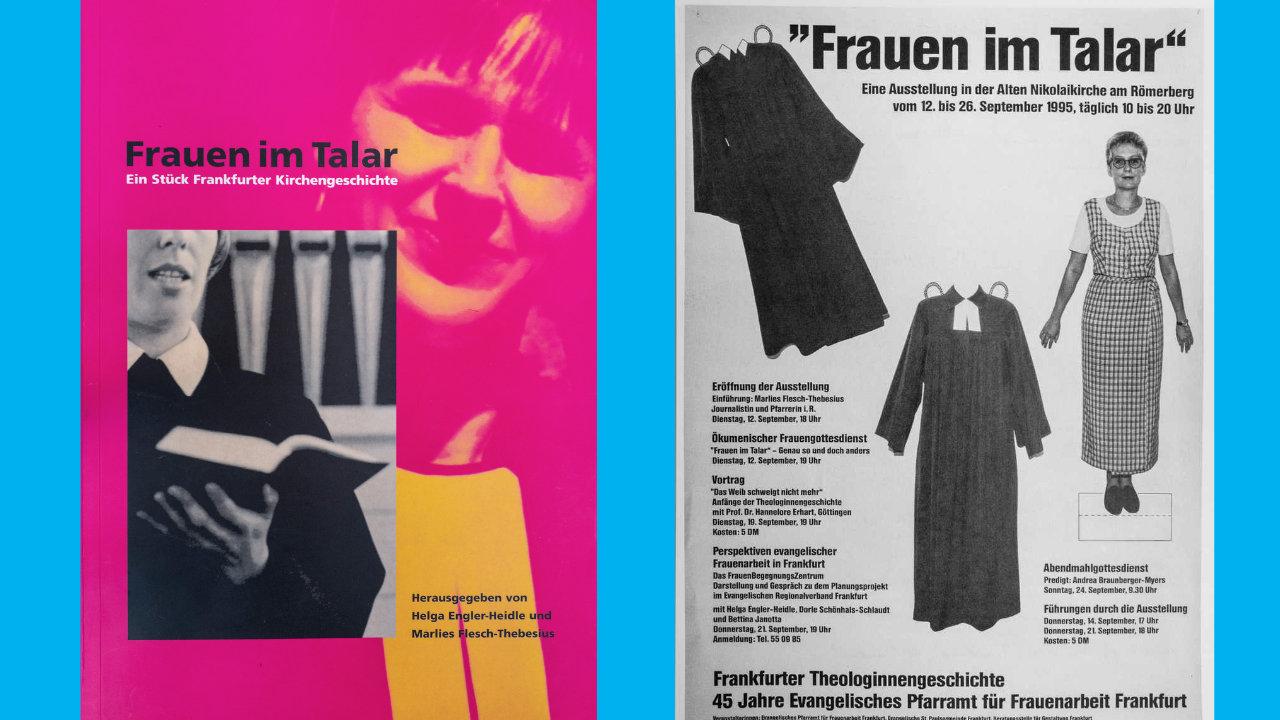 Frauen im Talar Buchcover in pink sowie ein Bild aus der Ausstellung Frauen im Talar