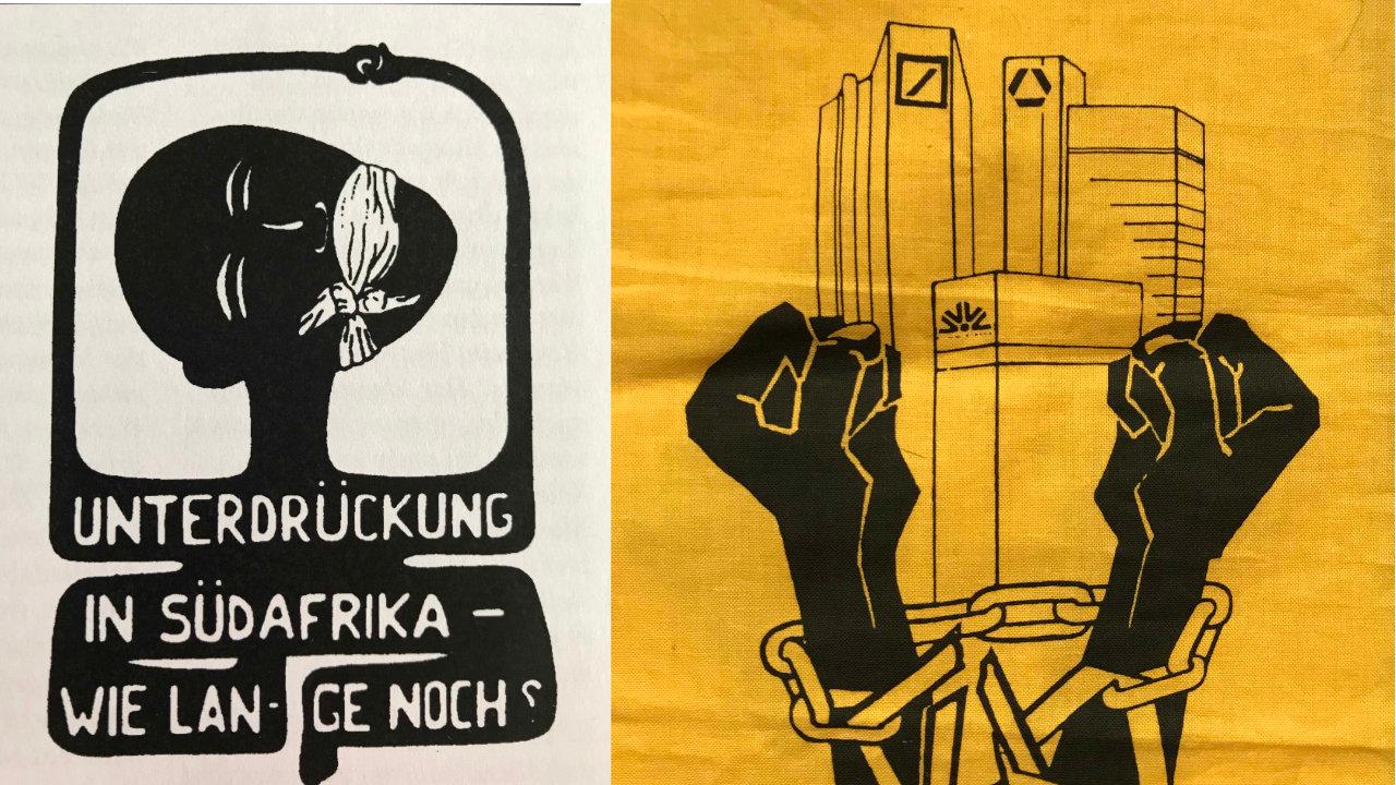 Proteste gegen die Apartheid Links ist ein Plakat zu sehen mit einem schwarzen Kopf mit zugebundenem Mund. Rechts ist auf gelben GRund die Bankentürme der Deutschen Bank und der Comerzbank zu sehen im Vordergund zwei schwarze Hände in Ketten.