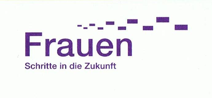 Logo der AG Frauen Logo Frauen in die Zukunft, lila Schrift auf weißem Grund