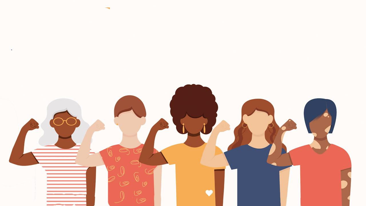 Grafik mit Frauen, die kämpferisch ihre Faust heben