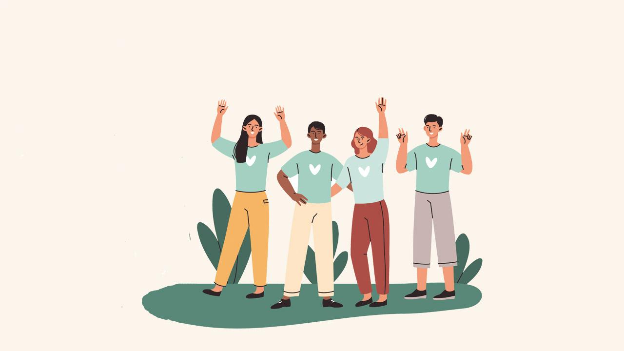 Grafik mit fröhlichen, jungen Leuten