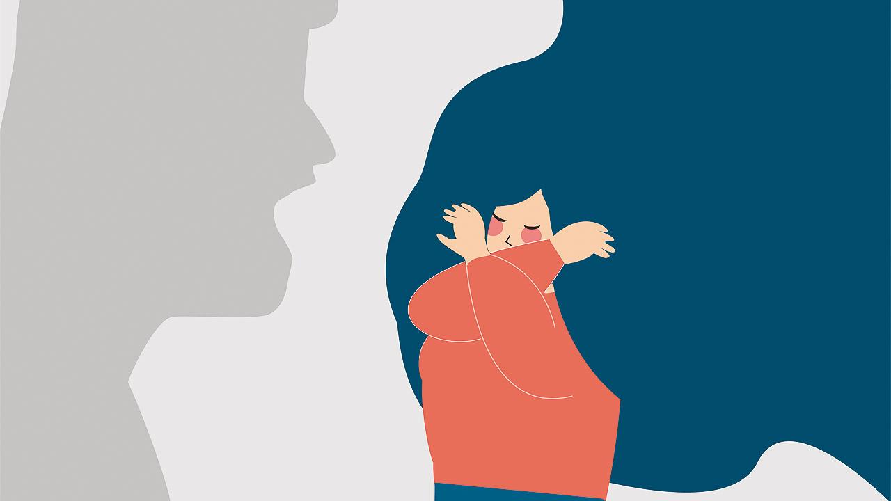 Zeichnung einer Frau, die sich vor vor einem brüllenden Mann schützt