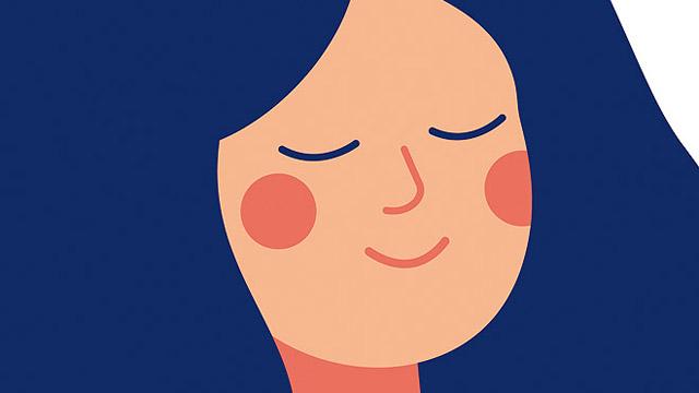 Nachdenken Grafik mit einer entspannten, lächelnden Frau, die ihre Augen geschlossen hält