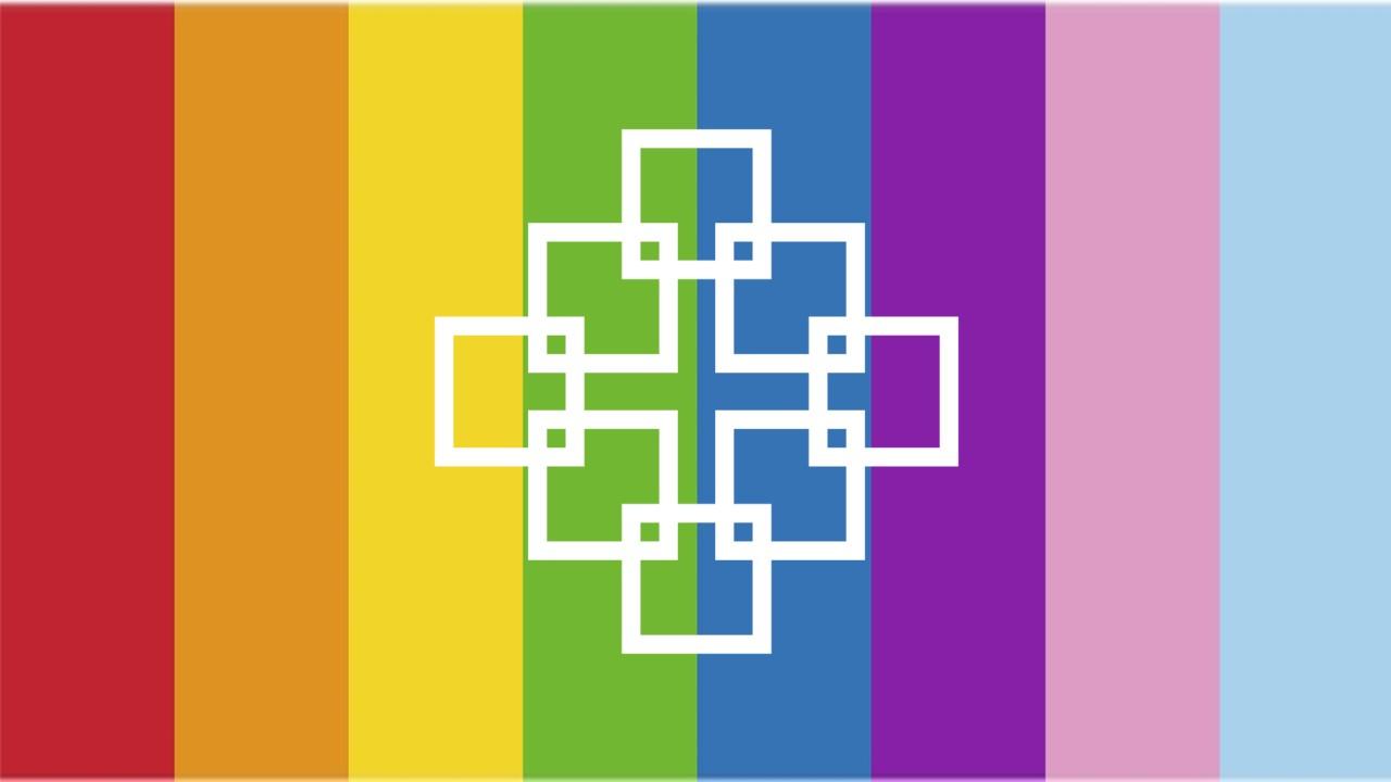 Ein weißes Logo der EKHN steht vor dem Hintergrund einer Grafik mit senkrechten Streifen in Regenbogenfarben.
