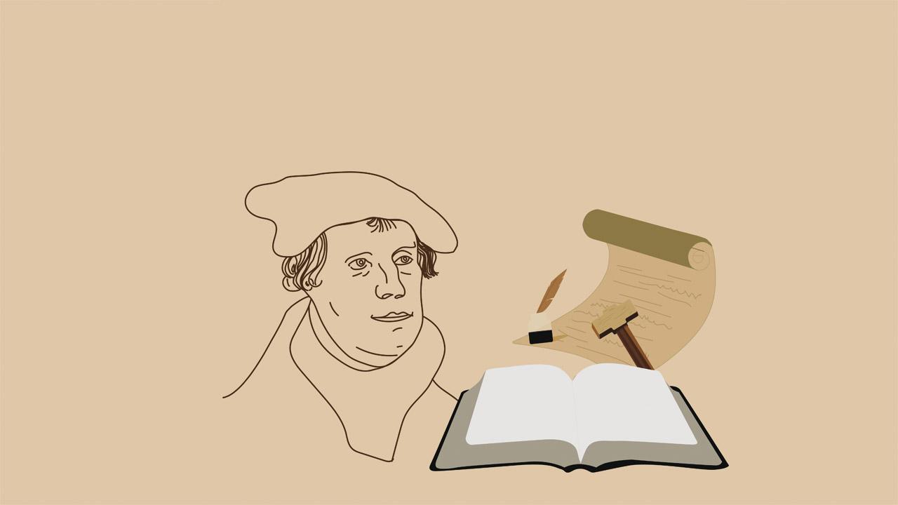 Grafik mit Lutherportrait, einem Buch, einem Pergament und einer Schreibfeder