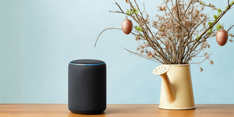 Ostergebete bei Alexa Das Bild zeigt ein Alexa-Gerät auf einem Holztisch. Rechts davon ein Osterstrauch in einer dekorativen Kanne.