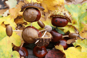 Zwei Kastanienmännchen vor buntem Herbstlaub