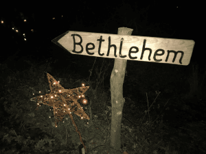 Ein Wegweise im Wald mit der Aufschrift "Bethlehem"