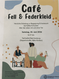Plakat „Café Fell & Federkleid“: Illustrationen zeigen drei Personen mit Tieren (Katz, Hund, Papagei).